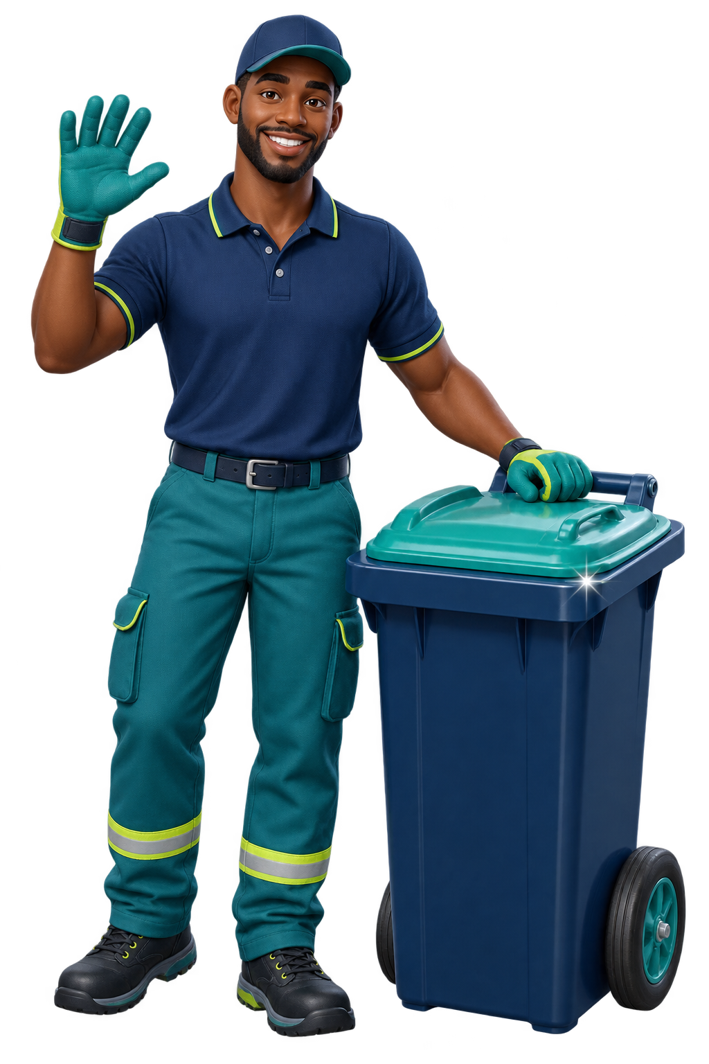 BinBright worker waving beside a clean wheelie bin